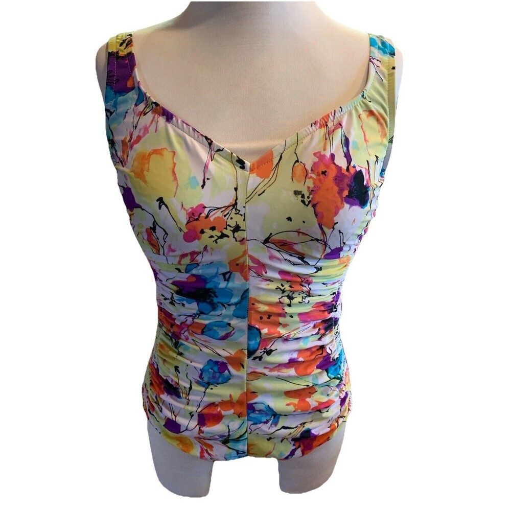 Rose Marie Reid One-Piece Swimsuit Modest Full Coverage Floral Smocked Size 12